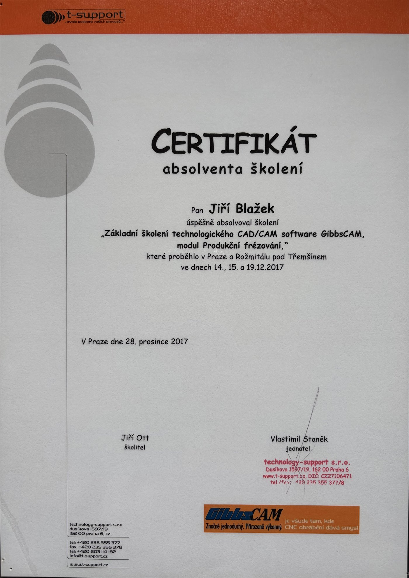 Certifikát Jiřího Blažka za školení GibbsCAM, modul Produkční frézování