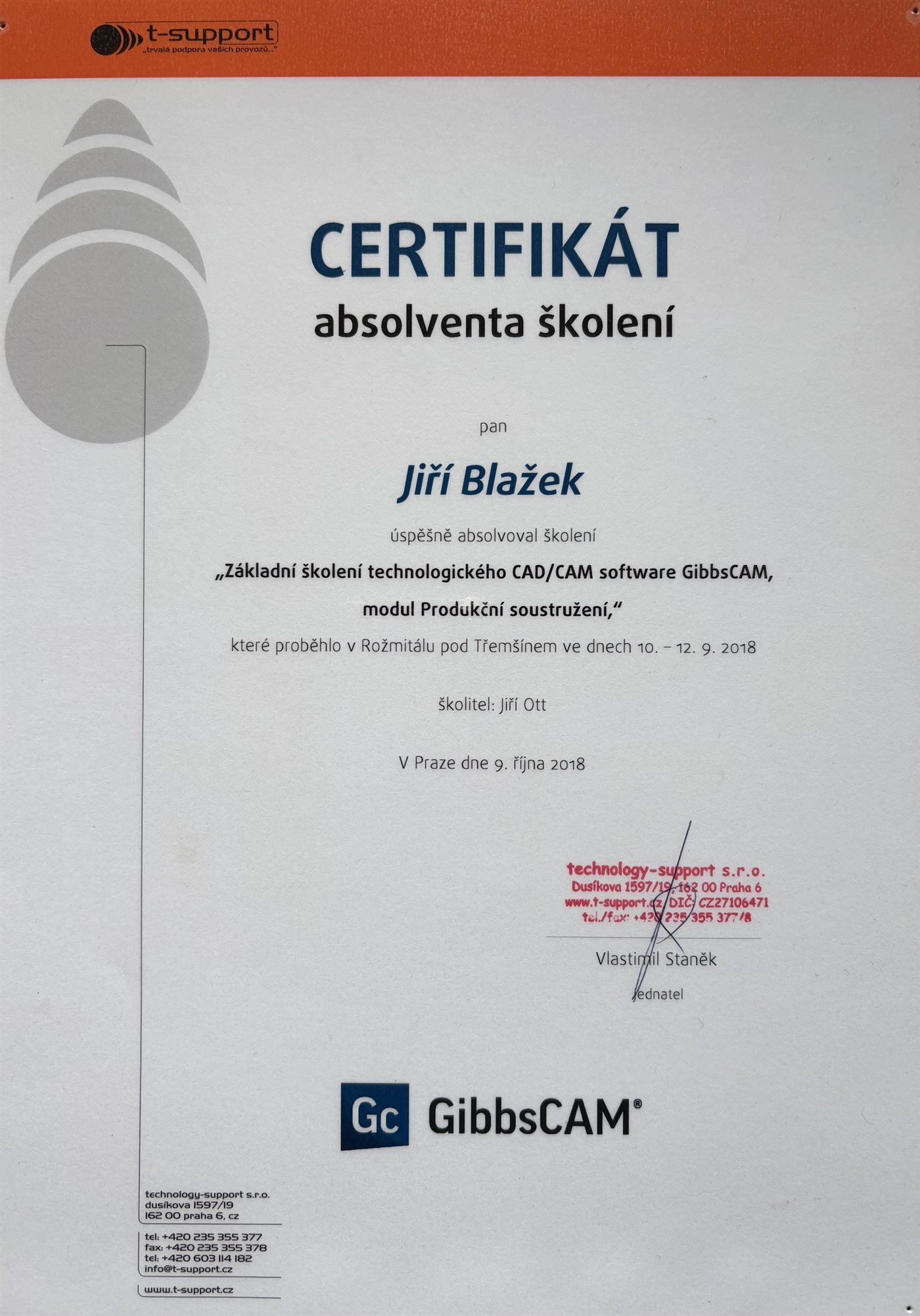 Certifikát Jiřího Blažka za školení GibbsCAM, modul Produkční soustružení